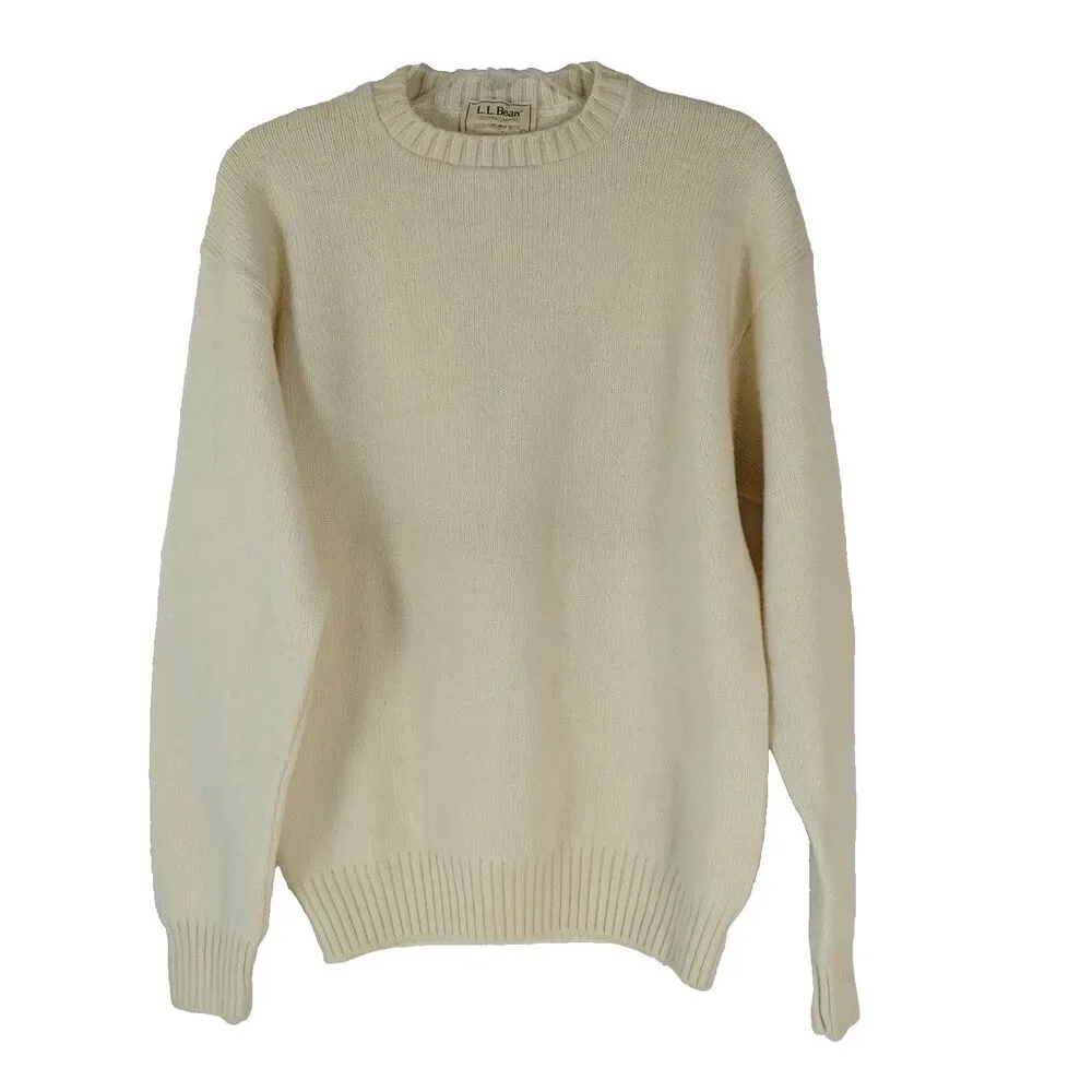 LL Bean Vintage Ivory Sweater Pure New Wool Crew Neck Men Size Medium